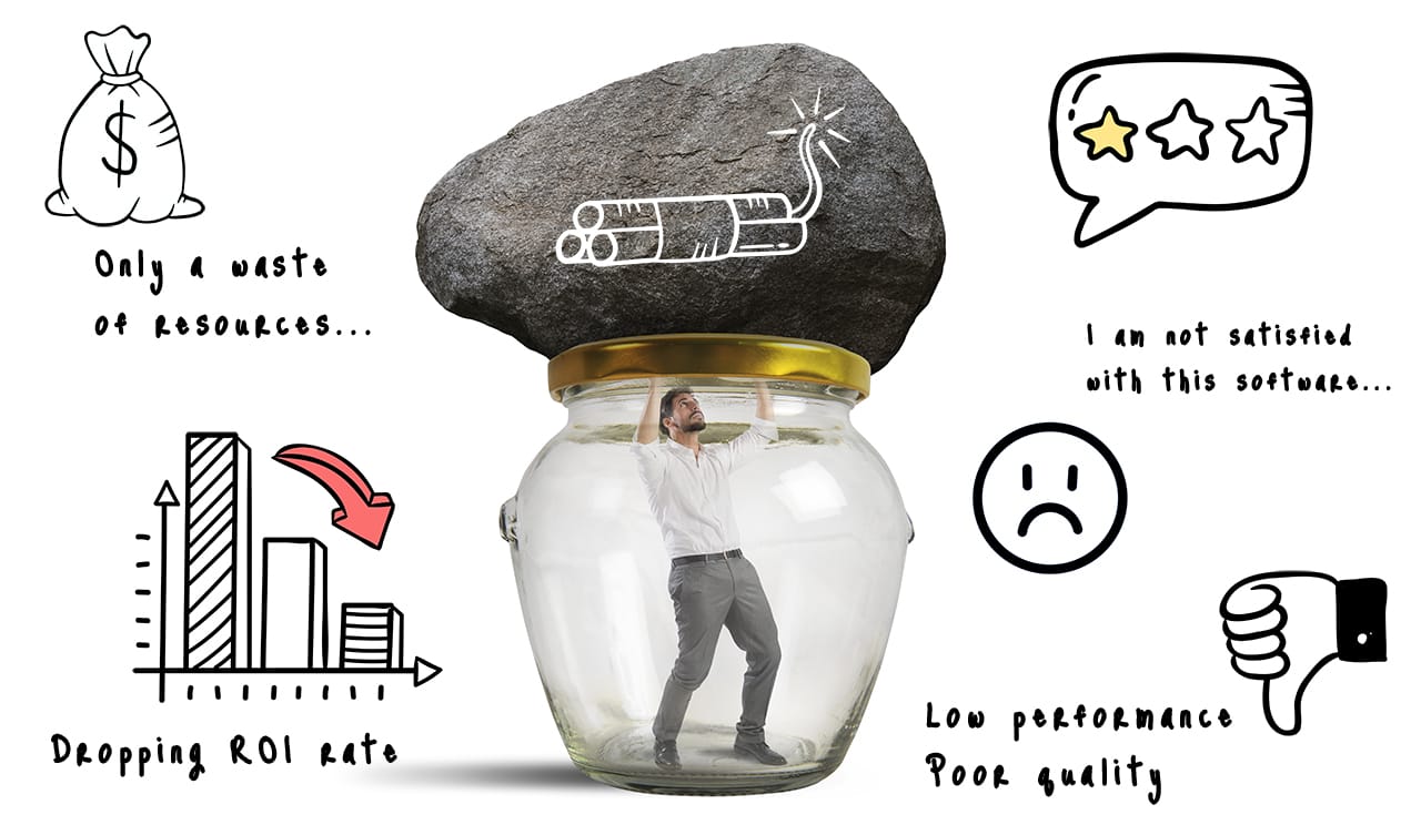 A man trapped in a jar by a large rock representing the burden of legacy software, which is blocking the jar opening with a few icons around the jar