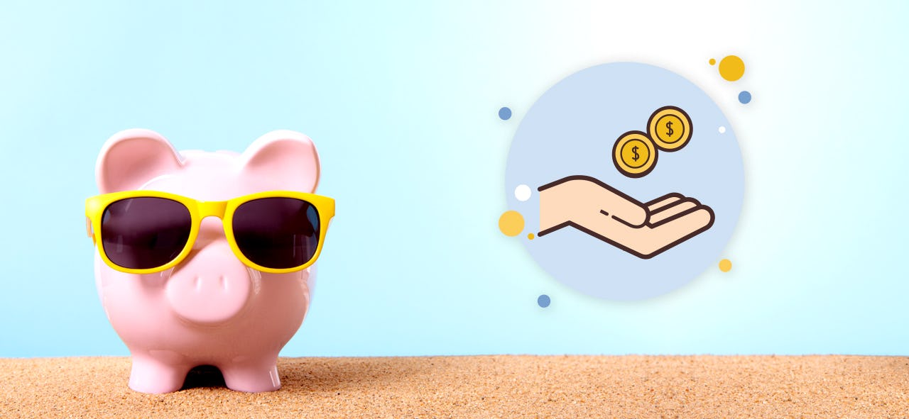 A piggy bank with sunglasses on the left, and an icon showing a hand that holds coins to illustrate cost effectiveness
