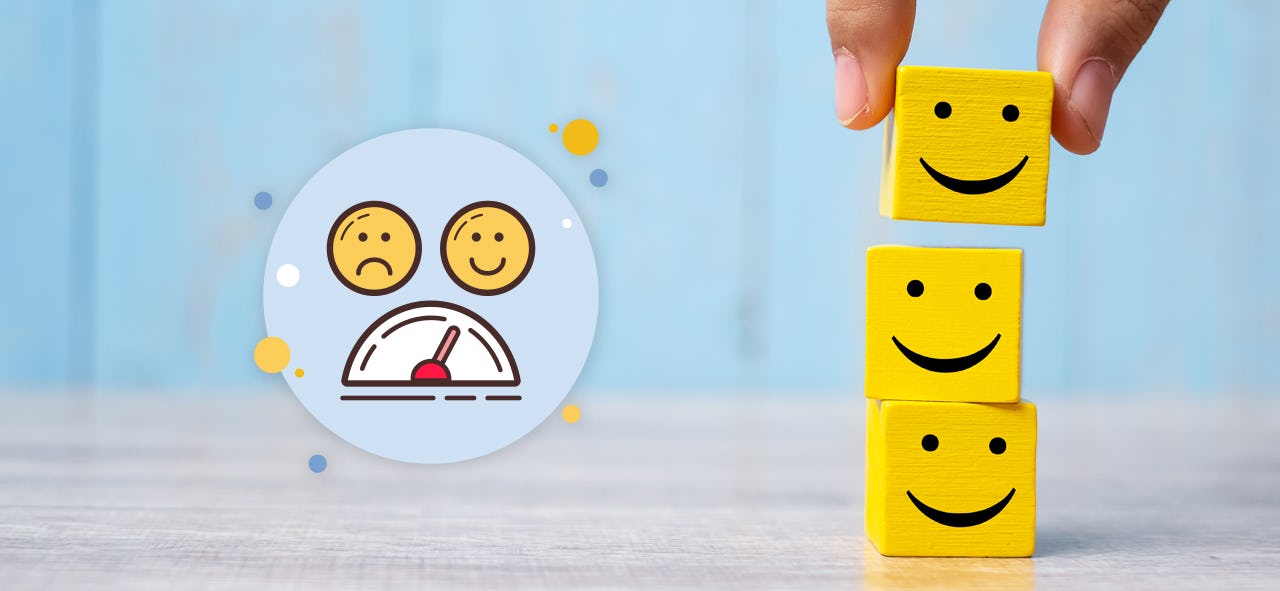 Yellow cubes with happy smiley faces on the right and an icon showing customer satisfaction slider on the left