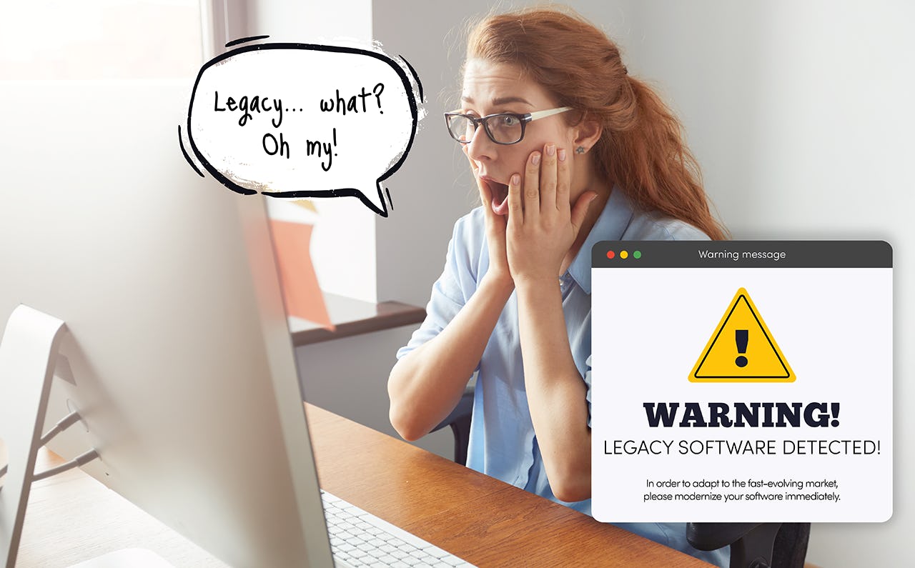 A scared woman looking at computer screen warning message for a detected legacy software