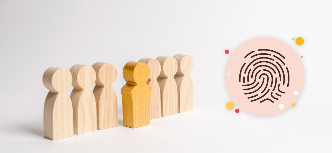 Seven wooden figures in a row, one of which is different and a little bit in front of them, with a fingerprint icon on the right